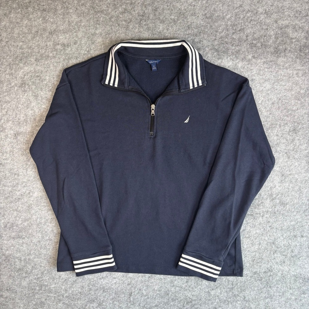 Nautica Mens Quarter Zip Pullover Navy Blue Striped Collar Fleece Sweatshirt M